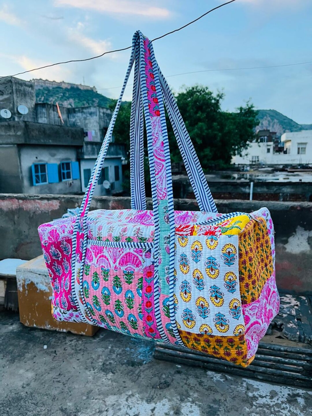 Large Cotton Weekender Travel Bag, Handmade Quilted Fabric Duffle