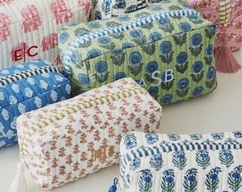 Large Cotton Quilted Block Print Wash Bag Handmade Toiletry Bag Cosmetic Makeup Bag Travel Organizer, Gift for Her