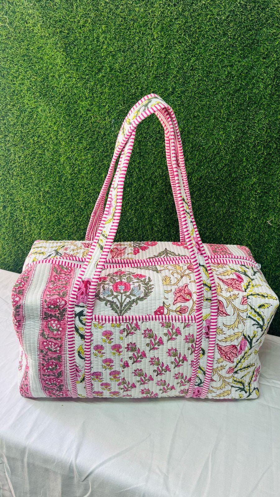 Large Cotton Weekender Travel Bag, Handmade Quilted Fabric Duffle