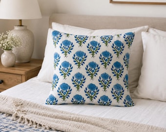 Indian hand block cotton floral print cushion cover, boho home decorative pillow cover, living room squared pillowcase, farmhouse pillowcase