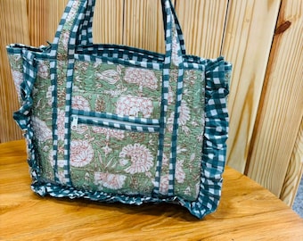 Indian hand block Print Mini Cotton Quilted frill Tote Bag, Girl Style Partywear Gift Carry Bag, boho pool tote bag, bride gift bags,