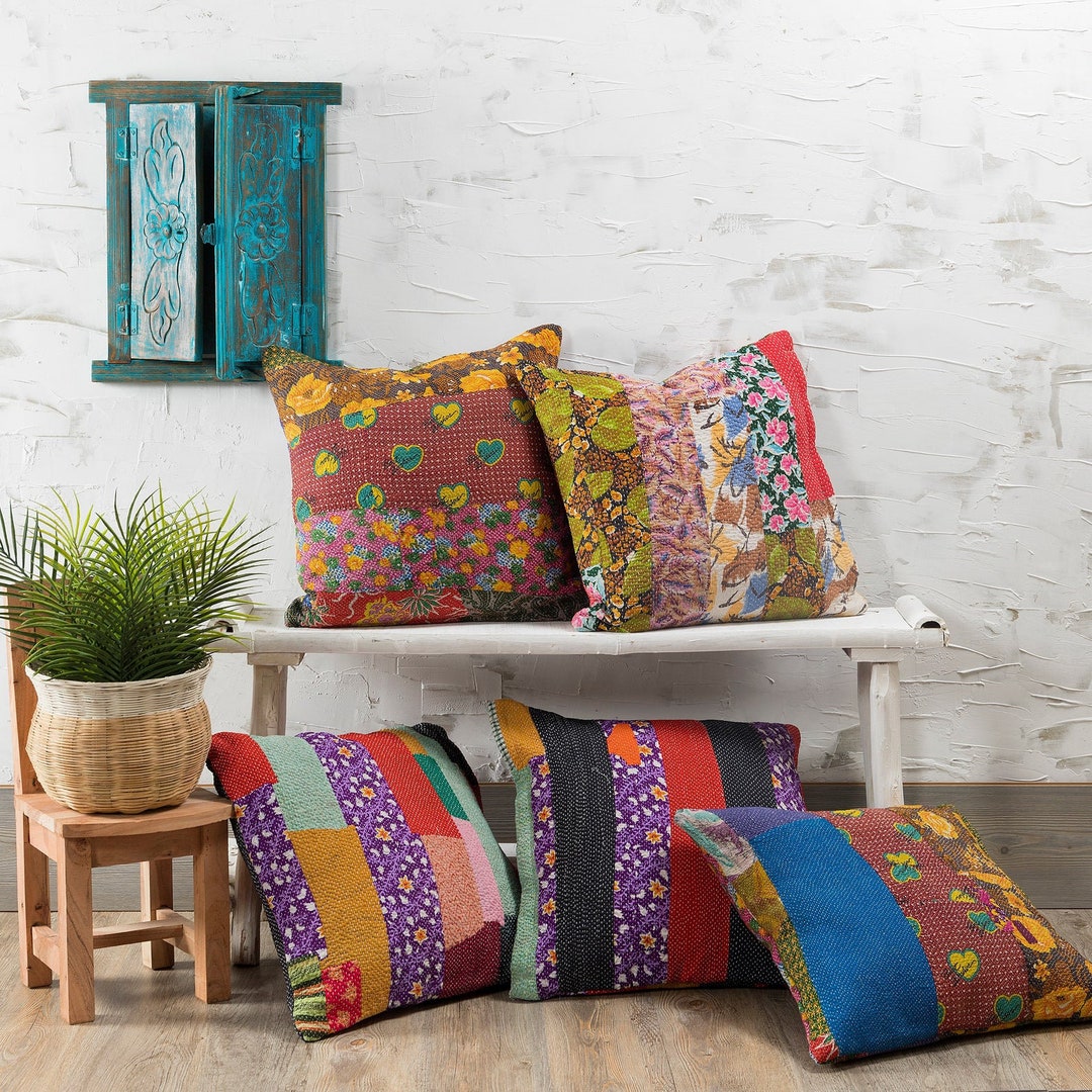 Handmade Kantha Throw Pillows Bohemian Pillow Covers Vintage Decorative Kantha Cushion Covers