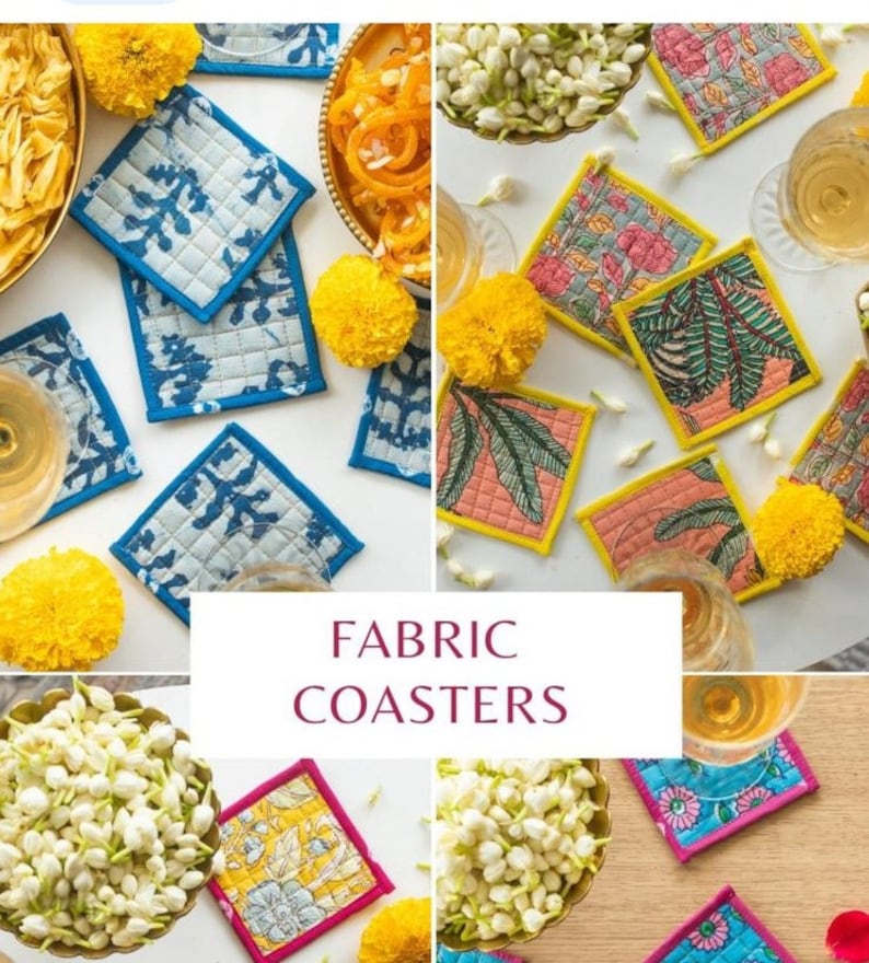 May include: A set of fabric coasters with various floral and geometric patterns. The coasters are made of quilted fabric and have a yellow, pink, and blue color scheme. The text "FABRIC COASTERS" is displayed in the center of the image.