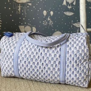 Large Cotton Weekender Travel Bag, Handmade Quilted Fabric Duffle Bag, Block Printed Overnight Bags, Hand Luggage Bag, Bags for Women,