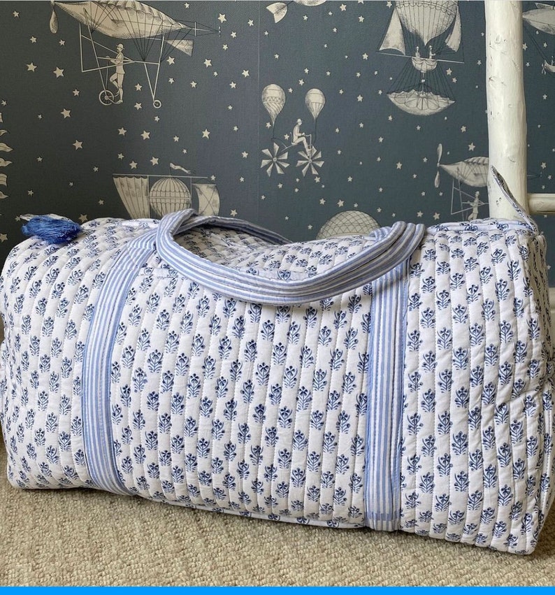 Large Cotton Weekender Travel Bag, Handmade Quilted Fabric Duffle Bag, Block Printed Overnight Bags, Hand Luggage Bag, Bags for Women, color -1