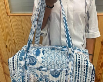 Large Cotton Weekender Travel Bag, Handmade Quilted Fabric Duffle Bag, Block Printed Overnight Bags, Hand Luggage Bag, Bags for Women,