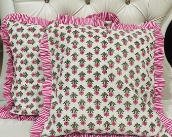Cotton Ruffled Floral Pillowcases,100%Cotton Hand Block Cushion Cover Pillow Shame, Printed Bohemian Frill Cushion Pillows Boho India Pillow