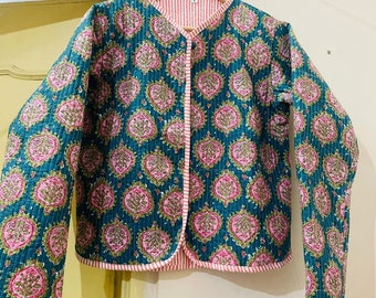 Vintage Bohemian Style Quilted Jacket Block Printed Indian Fabric Cotton Quilting Jackets for Women's Boho Decor Floral Short Quilted Jacket