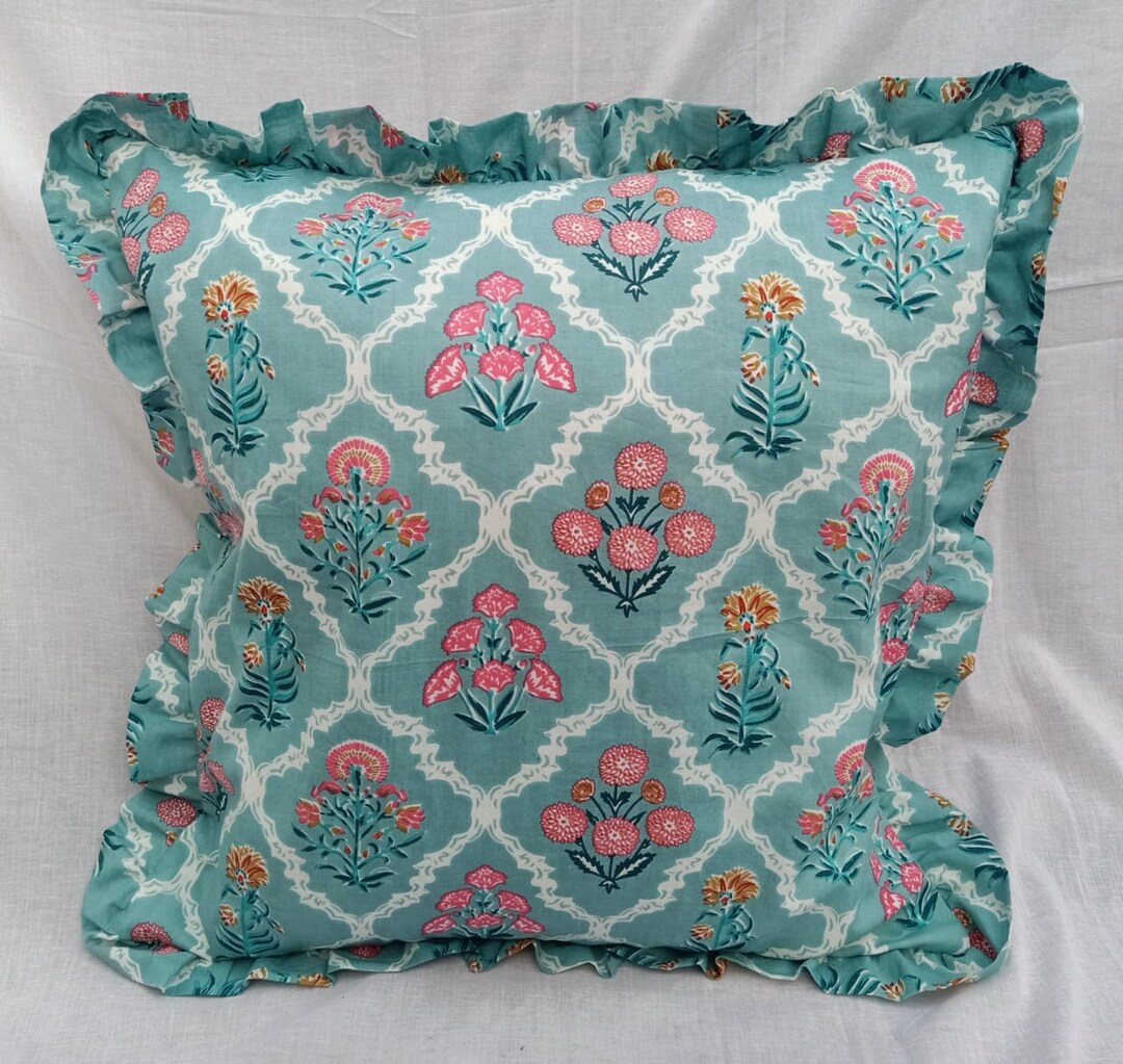 Indian Block Print Cotton Frill Bohemian Pillow Cushion Covers sofa