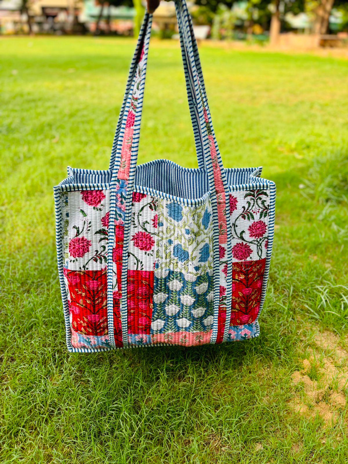 Pink Multi Patches Quilted Cotton Shoulder Tote Bag Vintage