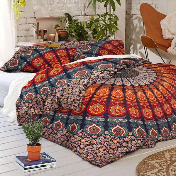 Indisches handgefertigtes Mandala-Bettbezug-Set in allen Größen, Baumwoll-Bettwäsche-Set mit Kissenbezügen, Mandala-Decke im Boho-Stil, Donna-Bettbezug-Überwurf