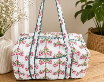 Duffle Weekender Bag, Cotton Storage Bag, Handmade Quilted Travel Bag, Block Print Standard Size Shoulder Bag, Boho Shopping Bag For Woman