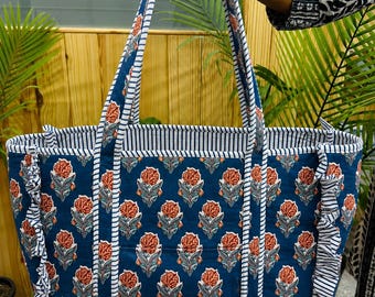 Large Cotton Block Print Tote, Handmade Quilted Handbag, Boho Floral Purse, Everyday Work Bag, Gift