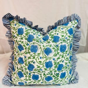 Block Print Boho Cushion Cover With Frill Handmade Cotton Bed Throw Pillows, bohemian pillow cushion cover vintage home decor frill cushion Pattern 20