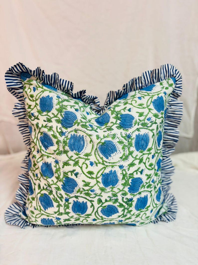 Block Print Boho Cushion Cover With Frill Handmade Cotton Bed Throw Pillows, bohemian pillow cushion cover vintage home decor frill cushion Pattern 20