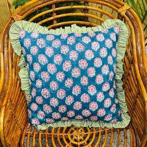 Block Print Boho Cushion Cover With Frill Handmade Cotton Bed Throw Pillows, bohemian pillow cushion cover vintage home decor frill cushion Pattern  14