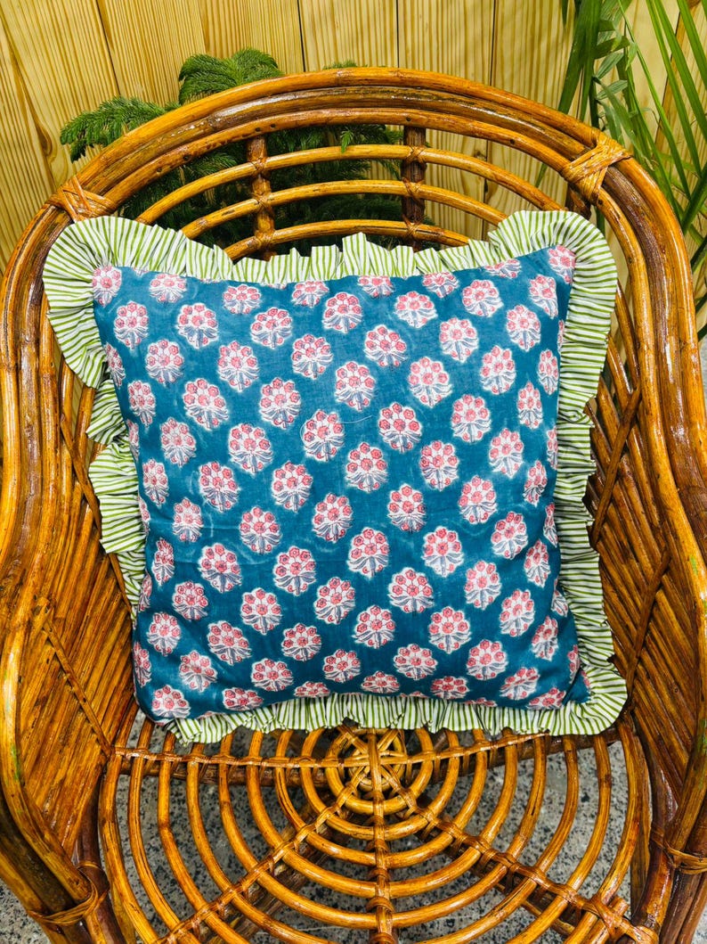 Block Print Boho Cushion Cover With Frill Handmade Cotton Bed Throw Pillows, bohemian pillow cushion cover vintage home decor frill cushion Pattern  14