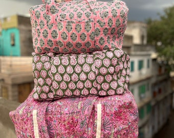 Large Cotton Weekender Travel Bag, Handmade Quilted Fabric Duffle Bag, Block Printed Overnight Bags, Hand Luggage Bag, Bags for Women,