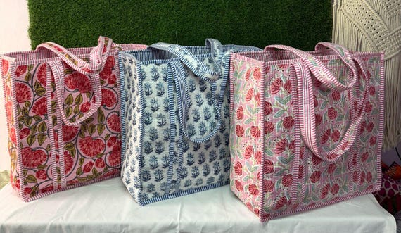 20pcs Large Cotton Quilted Bag, Block Print Tote Bag for Women, Boho Travel Bag, Handmade Shoulder Purse, Large Floral Weekender, Bridesmaid