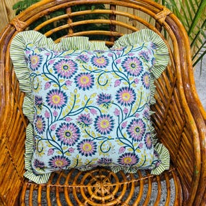 Block Print Boho Cushion Cover With Frill Handmade Cotton Bed Throw Pillows, bohemian pillow cushion cover vintage home decor frill cushion Pattern 12