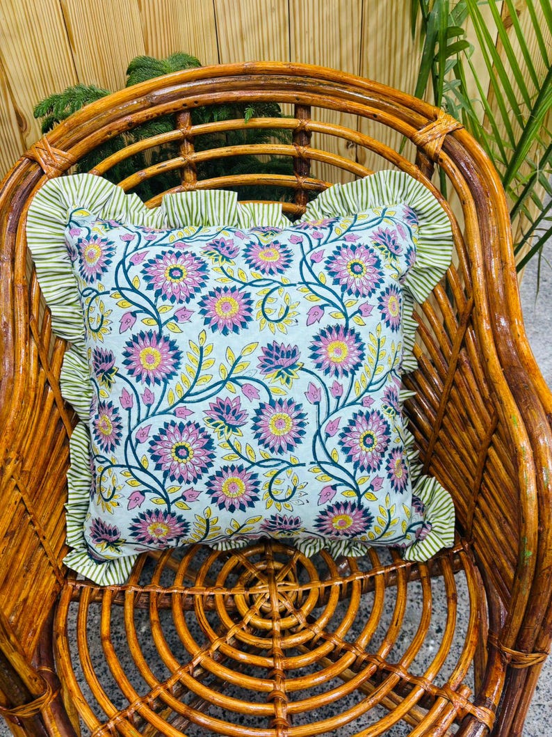 Block Print Boho Cushion Cover With Frill Handmade Cotton Bed Throw Pillows, bohemian pillow cushion cover vintage home decor frill cushion Pattern 12