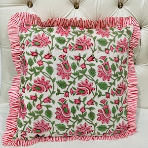 Cotton Ruffled Floral Pillowcases,100%Cotton Hand Block Cushion Cover Pillow Shame, Printed Bohemian Frill Cushion Pillows Boho India Pillow