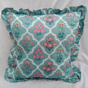 Cotton Ruffled Floral Pillowcases,100%Cotton Hand Block Cushion Cover Pillow Shame, Printed Bohemian Frill Cushion Pillows Boho India Pillow