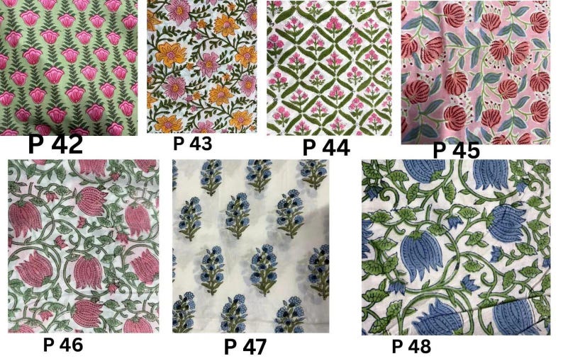 May include: A collection of fabric swatches with various floral patterns. Designs include pink and green floral arrangements, yellow and pink flowers, and blue floral patterns. Each swatch is labeled with a "P" followed by a number.