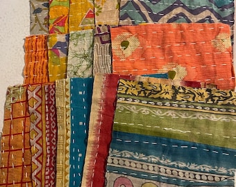 Paquetes de kantha vintage bohemios, cuadrados de tela SARI india, retazos de colcha Kantha para acolchado, costura lenta, collage y revistas basura.