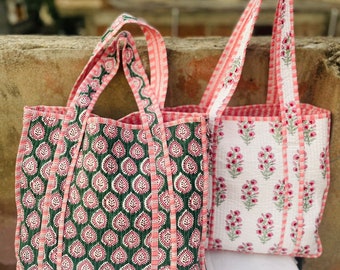 Indian Block Printed Tote Bags Large Cotton Quilted Women's Handbag Travel Tote Birthday Present Christmas Gift For Her Back to School Bag