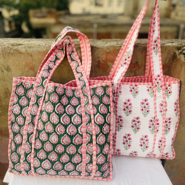 Indian Block Printed Tote Bags Large Cotton Quilted Women's Handbag Travel Tote Birthday Present Christmas Gift For Her Back to School Bag