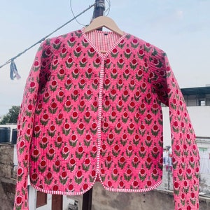 Cotton Women&#39;s Quilted Jacket Block Printed Boho Style Quilted Handmade Jackets, Coat Holidays Gifts Button Closer Jacket for Women Gifts