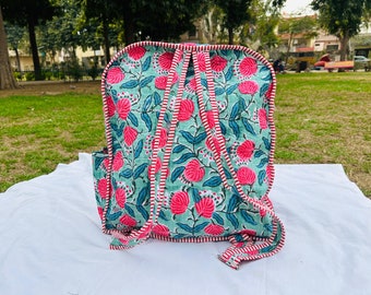 LARGE Boho Quilted Backpack with LAPTOP Pocket Block Printed Cotton Backpack Handmade Beach Festival Hiking Hippie Bag Birthday Gift