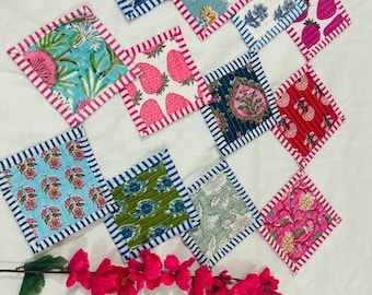 Hand Block Print Quilted Reversible fabric Coaster Set Cotton Handmade Square Drink Coaster Tea Table Decor Floral Colorful Quilted mug rug