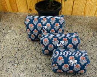 Hand block cotton quilted makeup bag, woman travel cosmetic pouch bag, boho pool down zip pouch bag, wedding gift pouch, gift for mom,