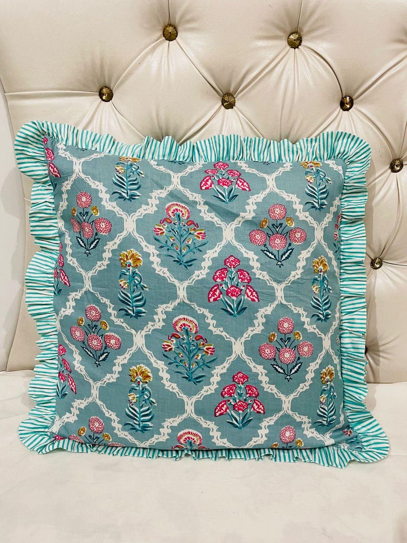 Block Print Boho Cushion Cover With Frill Handmade Cotton Bed Throw Pillows, bohemian pillow cushion cover vintage home decor frill cushion Pattern 19