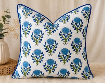 Indian hand block cotton piping cushion cover, home décor pillowcase, sofa decorative pillow cover, floral print cushion cover, gift for her