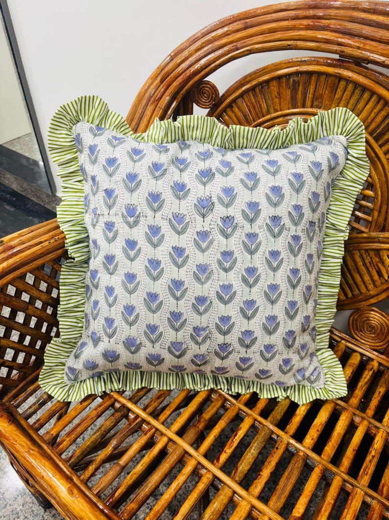 Block Print Boho Cushion Cover With Frill Handmade Cotton Bed Throw Pillows, bohemian pillow cushion cover vintage home decor frill cushion Pattern  13