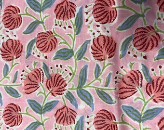 Bohemian Floral Hand Block Print Cotton Fabric, Indian Artisan Textile By Yard for Quilting, Crafts, Apparel & Decor