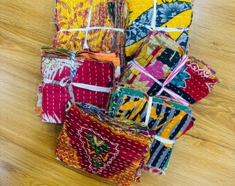 Original Indian Kantha Fabric Bundle, Vintage Sari Scraps, Boho Quilt Fabric, Patchwork Craft Supplies