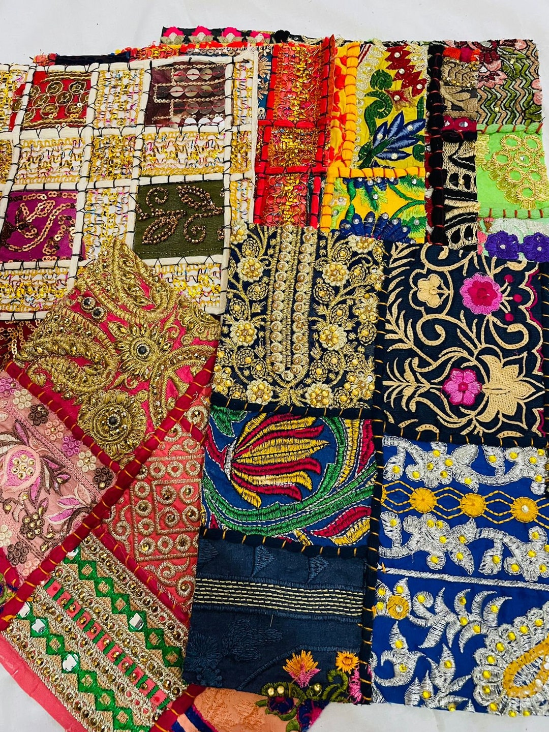 Vintage Indian Embroidery Boho Scraps Fabrics Quilting Bohemian ...