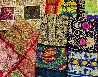 Vintage Indian Embroidery boho Scraps fabrics Quilting Bohemian Decorative fabric Swatches Samples Junk Journal covers- fabric squares