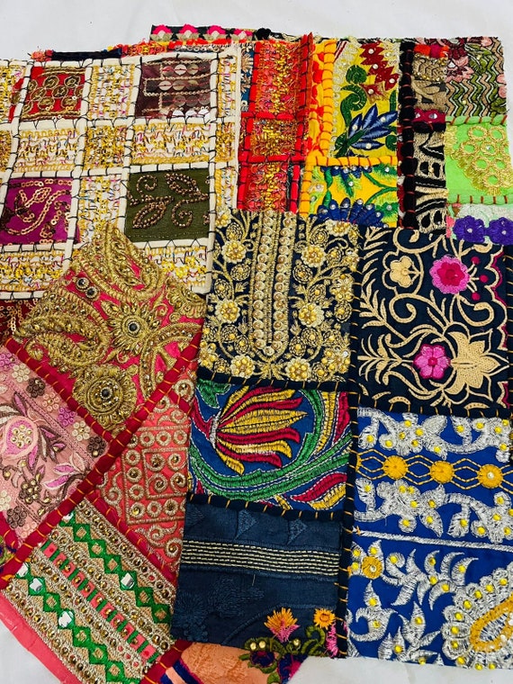 Vintage Indian Embroidery Boho Scraps Fabrics Quilting Bohemian