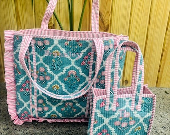 Indian Block Printed Frill Tote Bags Large Cotton Quilted Women's Handbag Travel Tote Birthday Present Christmas Gift For Her