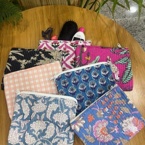 Set of 5 Pcs Quilted Cotton Handmade Flat Pouch, Floral Printed Storage bag, Cotton Makeup Bag, Floral Cosmetic Pouch (9"x7"), Birthday gift