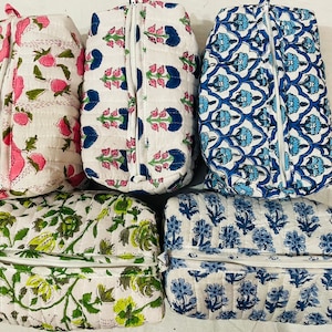 Cotton Large Quilted Wash Bag, Block Printed Toiletry Bags, Bridesmaid Gift, Handmade Makeup Bag, Cosmetic Pouch for Women, Travel pouch