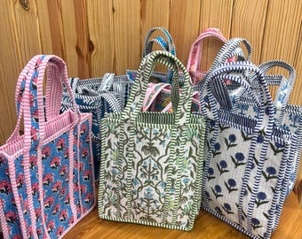 Handmade Quilted Floral Tote Bag Indian Block Print Cotton Market Bag Large Reusable Shoulder Tote Boho Gift for Her
