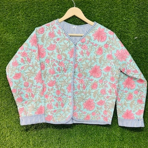Cotton Women&#39;s Quilted Jacket Block Printed Boho Style Quilted Handmade Jackets, Coat Holidays Gifts Button Closer Jacket for Women Gifts