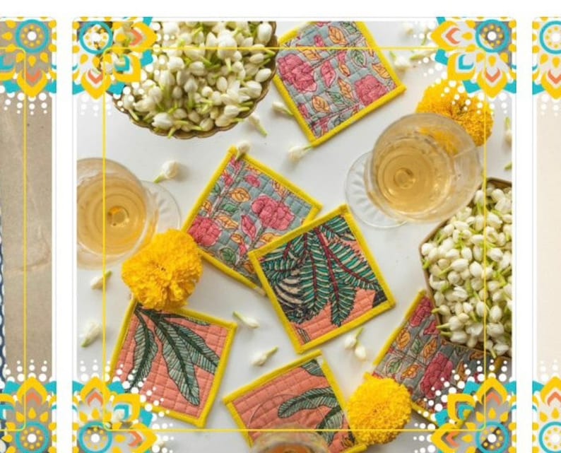 May include: Set of six colorful fabric coasters with floral and leaf patterns. The coasters have a yellow border and are arranged on a white surface with flowers and a glass of wine.