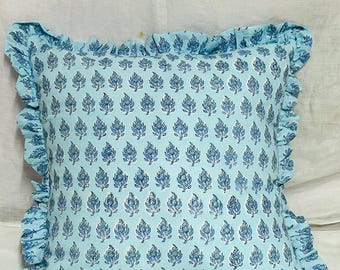 Indian Hand Block Print Floral Frill Cushion Covers, Bohemian Sofa Throw Pillows, Boho Home Décor Cushion cover, Vintage Cotton Pillow Sham,